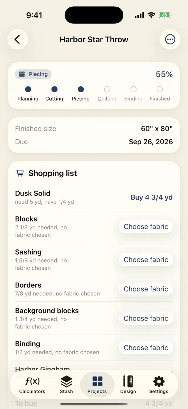 A Sashing project's shopping list, showing fabric to buy after the stash is subtracted