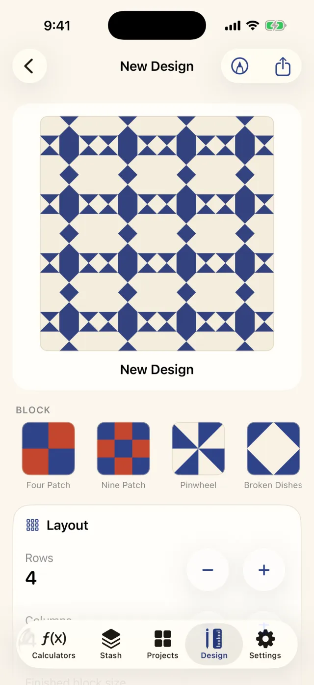 The Sashing quilt designer previewing an Ohio Star layout